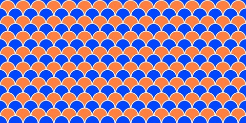 ​Seamless orange and blue fish scale pattern. Vibrant Seigaiha wave motif with white outlines for creative backgrounds, textiles, and modern summer designs. © Muhamad