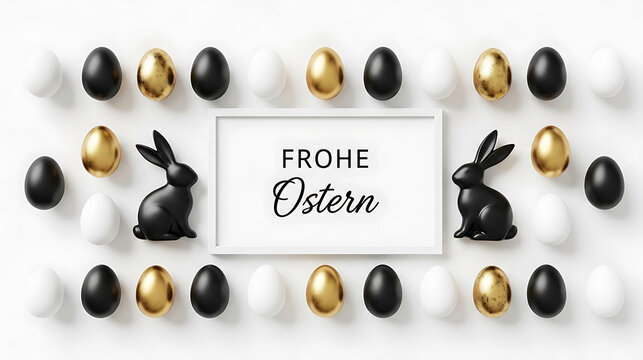 Easter decoration with "frohe ostern" text and black rabbits among eggs