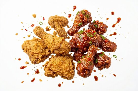 Dynamic shot of ayam geprek pieces and sambal splash frozen in motion isolated on white background