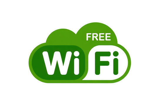 Free wifi icon, green cloud shape with white text, wireless internet access sign for public places and cafes isolated on transparent background