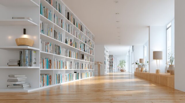 Bright modern library interior features extensive wall-to-wall bookshelves and natural wooden flooring.