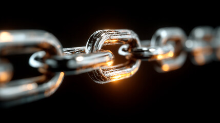 Fototapeta premium Close-up of shiny metal chain link on black background with warm glow
