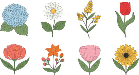 Obraz premium Set of 8 Hand-Drawn Flower Illustrations for Spring and Nature-Themed Designs. Includes vibrant blooms like daisy, tulip, sunflower, and more.