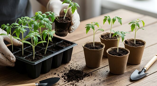 Hands in gloves planting young green tomato seedlings in pots