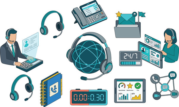 customer service call center icons and objects
