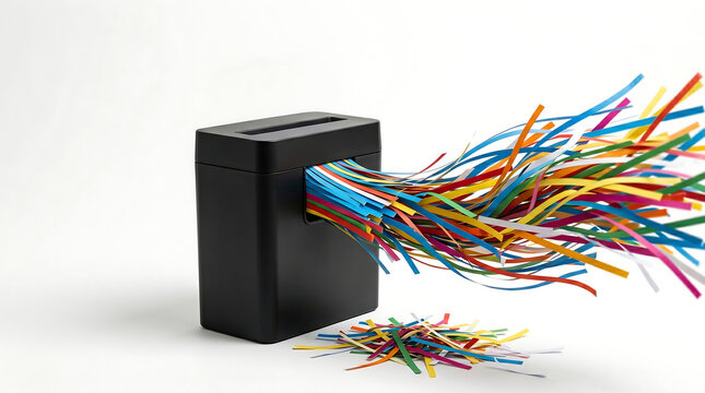 Black office paper shredder machine destroying documents into vibrant colorful paper strips and confetti on white background representing data security creative recycling and work