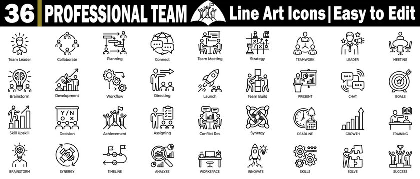 Professional team line art icons set for collaboration and business growth vector.