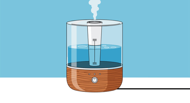 Modern electric humidifier, with a transparent water tank and wood base, emits cool mist to improve indoor air quality and room atmosphere.