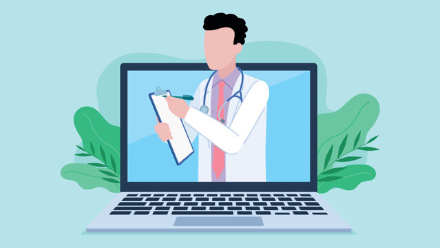 Doctor on laptop screen. Online medical consultation. Doctor talking to patient online, taking notes and trying to help. Flat design vector illustration