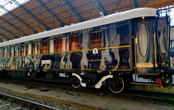 Budapest, Hungary - 05.02.2026: closeup of the famous Orient Express train. the Western train station. shiny black carriage with reflection. Vintage look. gilded lettering. Sleeping Car. Antique style