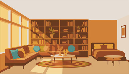 Cozy modern living room with bookshelf and comfortable seating © Fahim