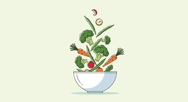 Healthy salad bowl with fresh vegetables, like broccoli, carrots, and green beans, flying through the air for a dynamic and tasty look.