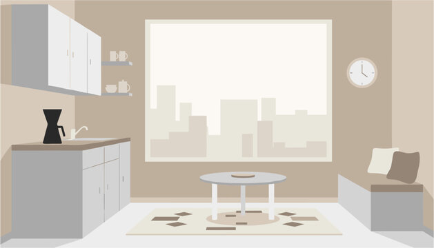 Modern kitchen interior with dining area and city skyline view