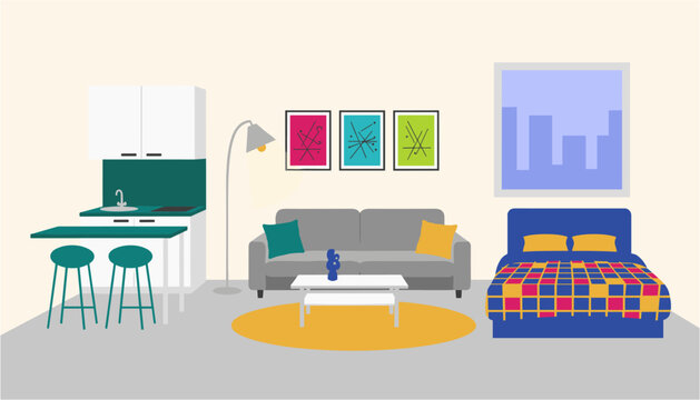 Modern bedroom and workspace with cozy sofa and colorful bed