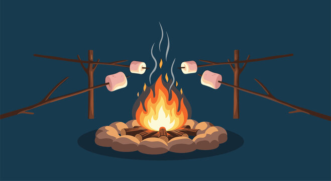 Campfire illustration showing four marshmallows being toasted on sticks over a glowing fire with logs and stones.