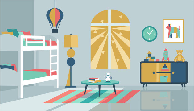 Colorful children's bedroom with bunk bed, toy bear and cozy decor