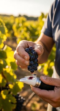 Hands hold dark grapes over refractometer in vineyard sun