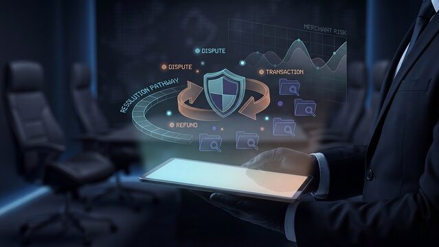 Business professional holding tablet with merchant risk dashboard showing dispute resolution, refund pathways and transaction protection analytics for secure payment platform