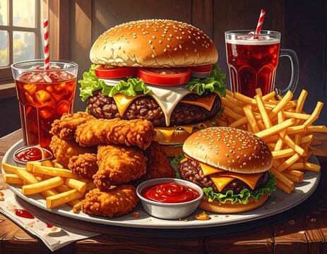 A large plate piled high with burgers, fries, and fried chicken, with two glasses of soda