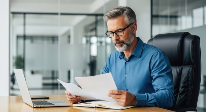 Mature businessman reviews important documents while sitting at his desk in a modern office.