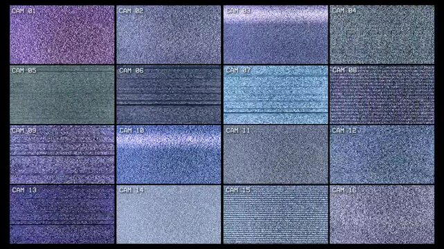 Sixteen CCTV cameras without signal. Disabled video surveillance system with interference on the screen
