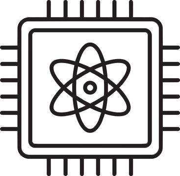 Quantum computing microprocessor cpu chip with atom symbol technology hardware outline graphic digital vector illustration
