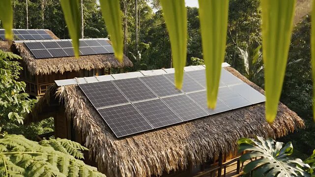 Solar Panels on Thatched Roof in Tropical Setting - A close-up of solar panels installed on the thatched roofs of wooden structures nestled within a lush tropical environment.
