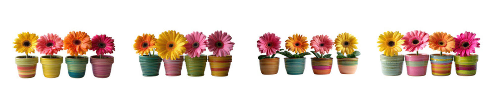 Four colorful gerbera daisy flowers in ceramic pots isolated on transparent background