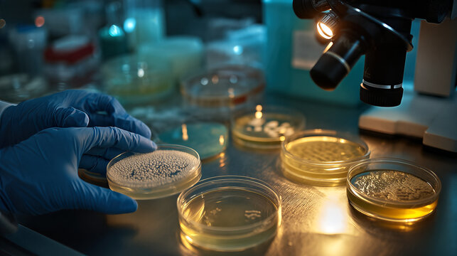 Gloves Handling Petri Dishes in Sterile Lab: Research, Science, and Medical Discovery Close-Up