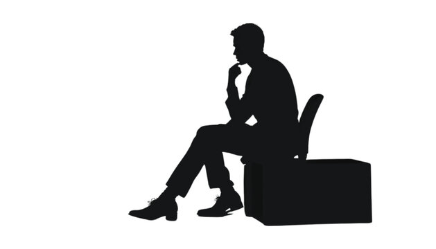 Businessman sits on a box while resting his chin on his hand in a deep state of contemplation.