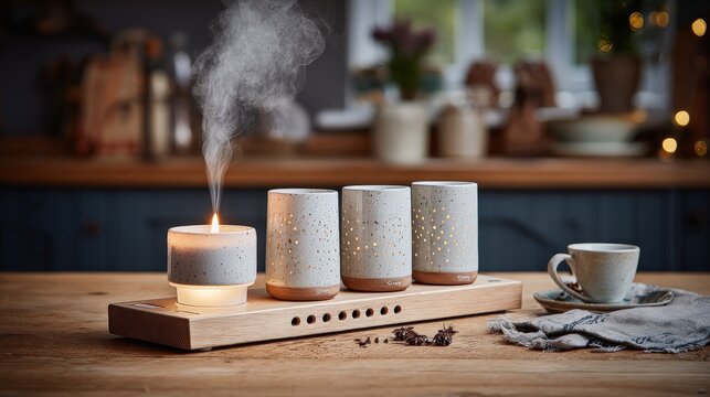 Ceramic candle holders and a warm beverage rest on a wooden tray in a cozy kitchen setting.
