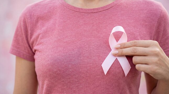Woman wearing pink shirt holding white ribbon for breast cancer awareness campaign
