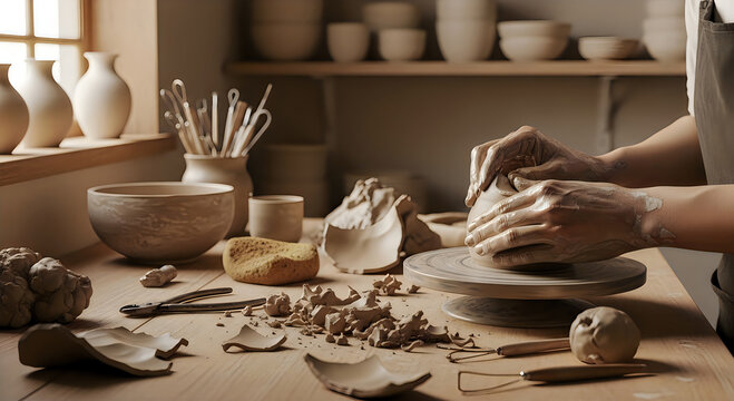 Pottery making workspace with clay and tools on table