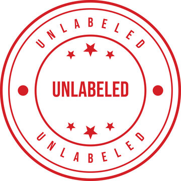 Bright red round stamp with the word UNLABELED and stars suggesting unverified status on white