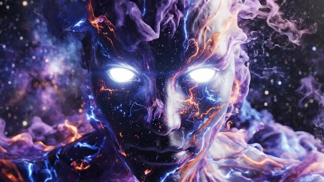 Cosmic Being Emerges from Nebula with Glowing Eyes.