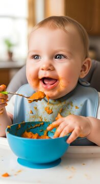Happy baby boy gleefully eating mashed sweet potato, messy face, blue bib