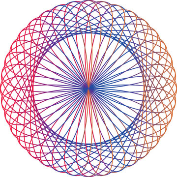 A geometric pattern known as a "spirograph" or "hypocycloid" design. It features concentric circles with intersecting red and blue lines, creating a symmetrical, intricate web-like structure.