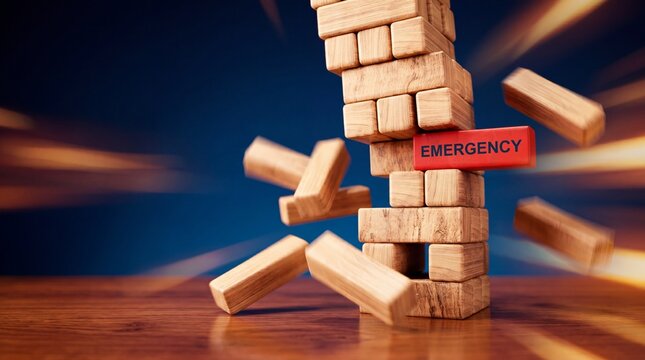 Emergency block toppling wooden stack representing financial crisis risk