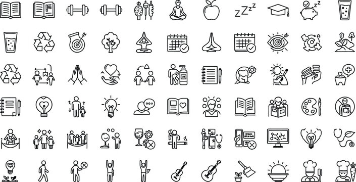 
Education and School Activity Icon Set with Books Sports Music Science Health and Student Life Vector Illustrations