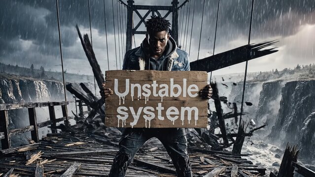 Male figure holding wooden sign with text "Unstable system" on a dilapidated bridge surrounded by stormy weather and rugged cliffs in the background