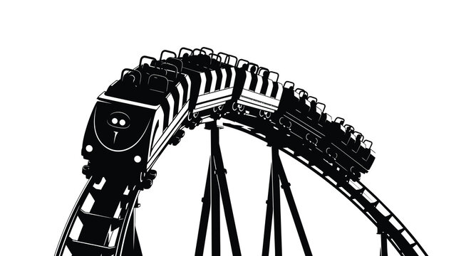 Roller coaster train ascending a loop against a white background dramatic black silhouette high quality professional detailed modern elegant stylish clean crisp vibrant colorful