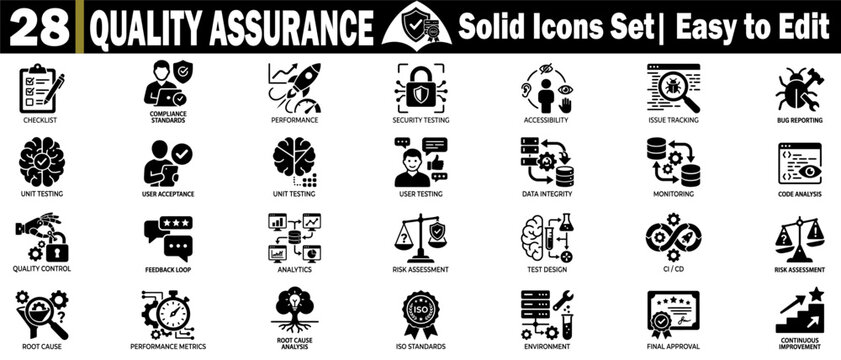 Quality assurance solid icons set. Covering checklists, compliance standards, performance security, and accessibility issue tracking.
