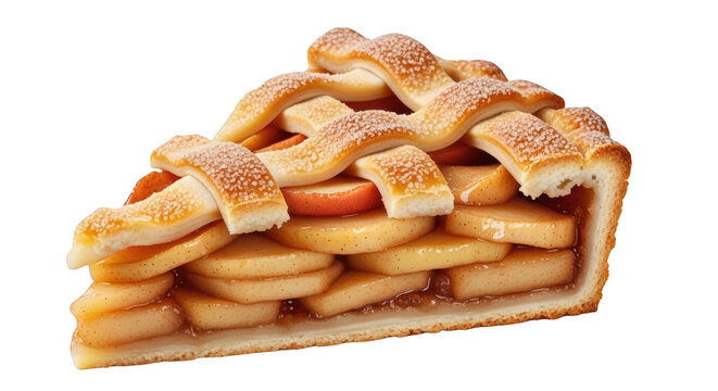 A single slice of baked apple pie with a golden brown lattice crust, filled with sliced cooked apples, isolated on transparent