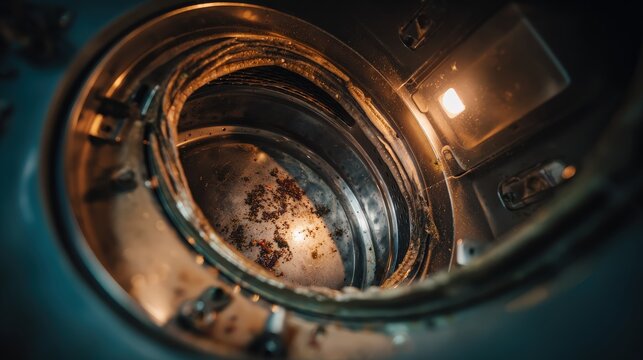 Dirty interior of a household washing machine shows debris and grime buildup.