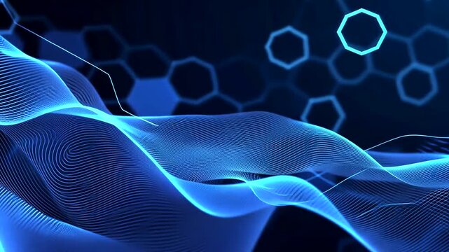 A digital rendering depicting flowing blue lines over a dark background with hexagonal shapes