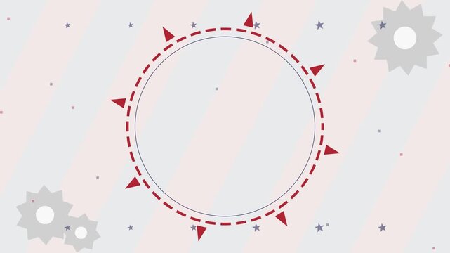 Abstract graphic background with a central dashed red circle featuring outward-pointing triangular spikes, surrounded by grey gears and small stars.