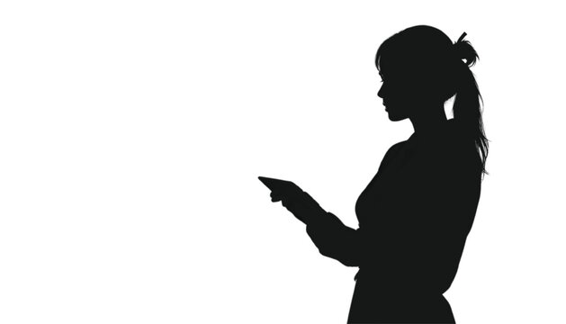 Businesswoman uses a digital tablet while standing isolated against a clean white background area.