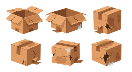 Fototapeta premium Multiple cardboard shipping boxes with various degrees of structural damage including crushed corners, torn flaps, and water stains are isolated on a white background.