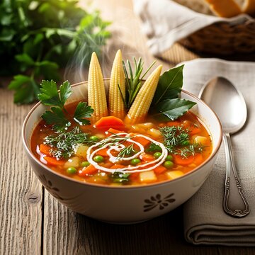 Hearty vegetable soup in bowl, steaming, garnished with cream, herbs, and mini corn cobs