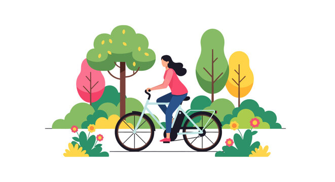 Woman riding bicycle in park with trees and flowers
